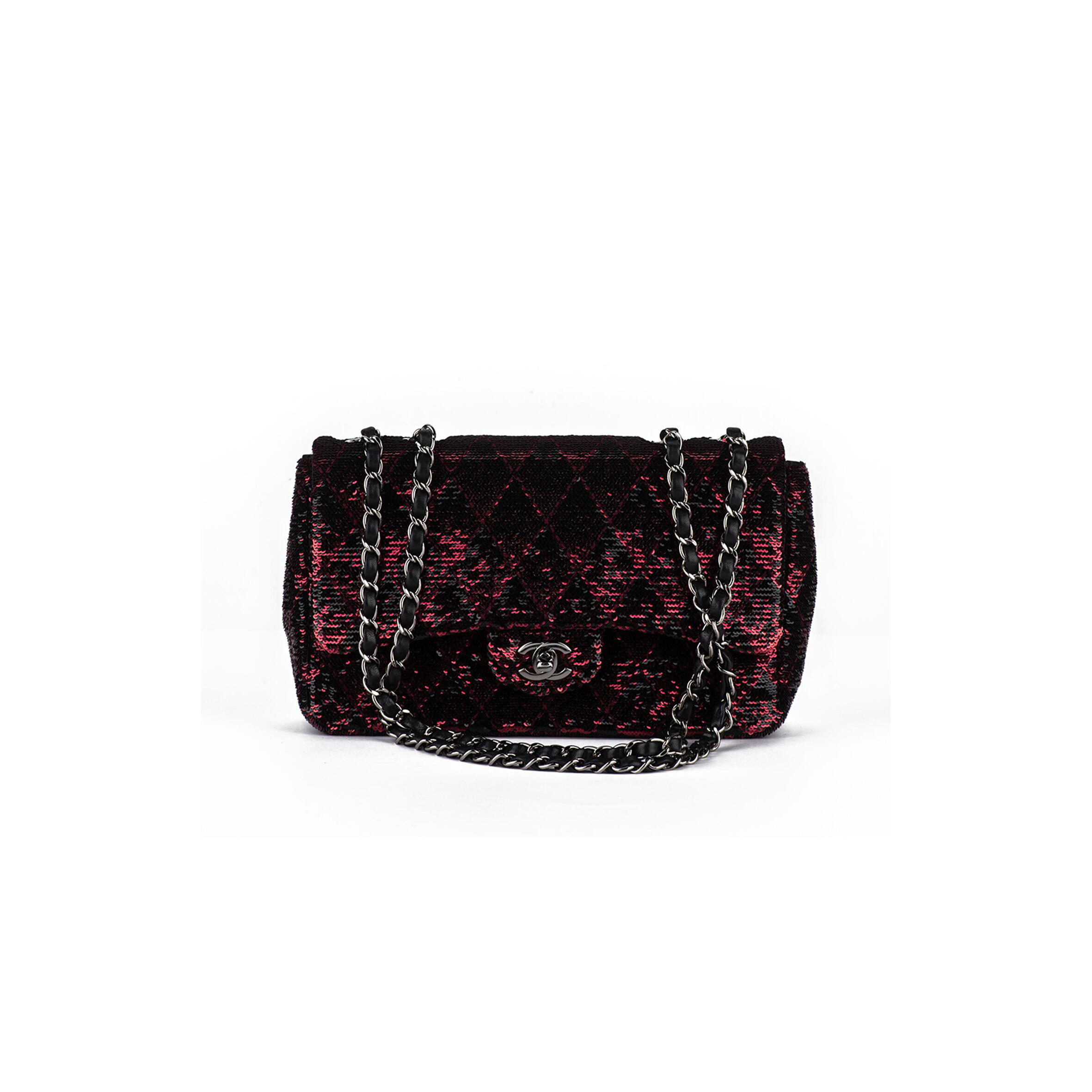 CHANEL RED BLACK SEQUINS FLAP BAG (21*14*8cm)